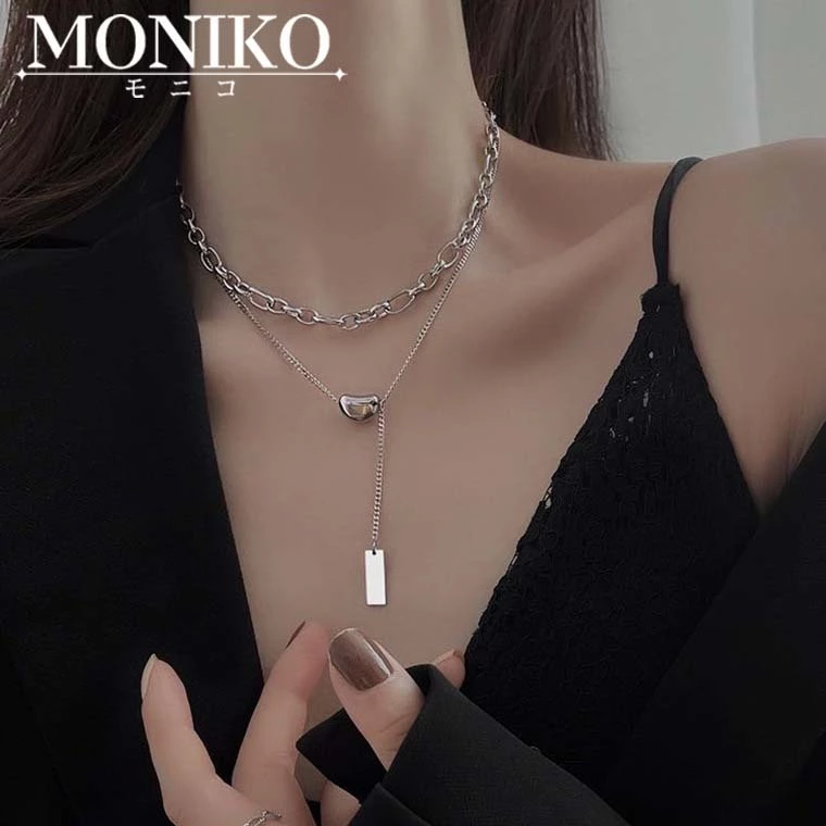 MONIKO สร้อยคอโซ่ยาว สองชั้น สีเงิน เข้ากับทุกการแต่งกาย สําหรับผู้ชาย และผู้หญิง thumbnail 3