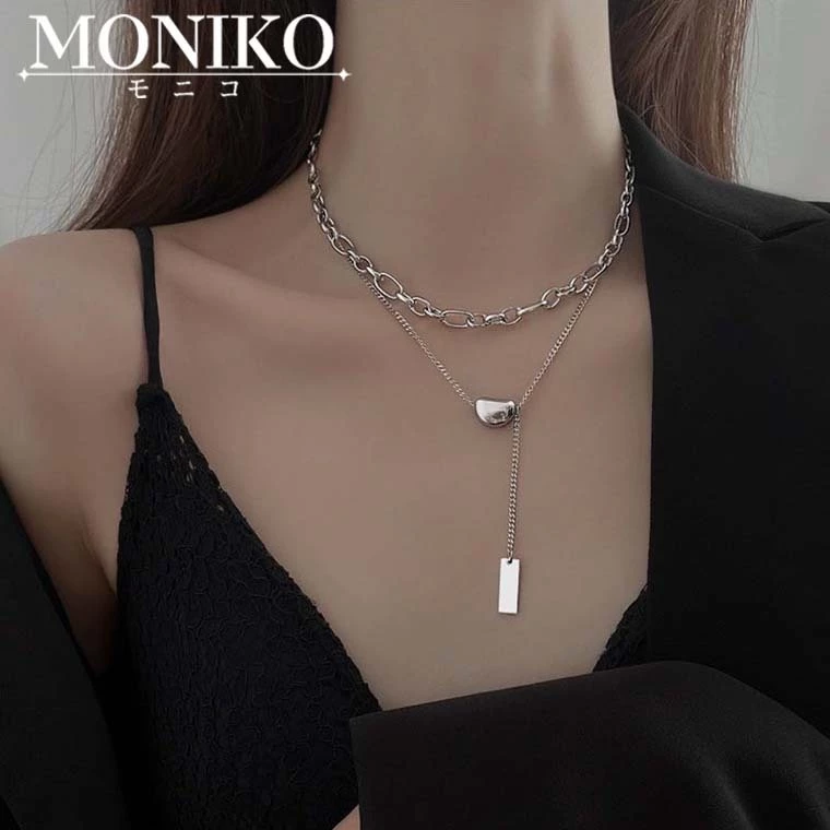 MONIKO สร้อยคอโซ่ยาว สองชั้น สีเงิน เข้ากับทุกการแต่งกาย สําหรับผู้ชาย และผู้หญิง