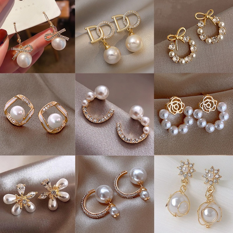 ต่างหูโบว์มุกเรียบง่ายสไตล์ใหม่ต่างหูมุก Rhinestone ทุกคู่