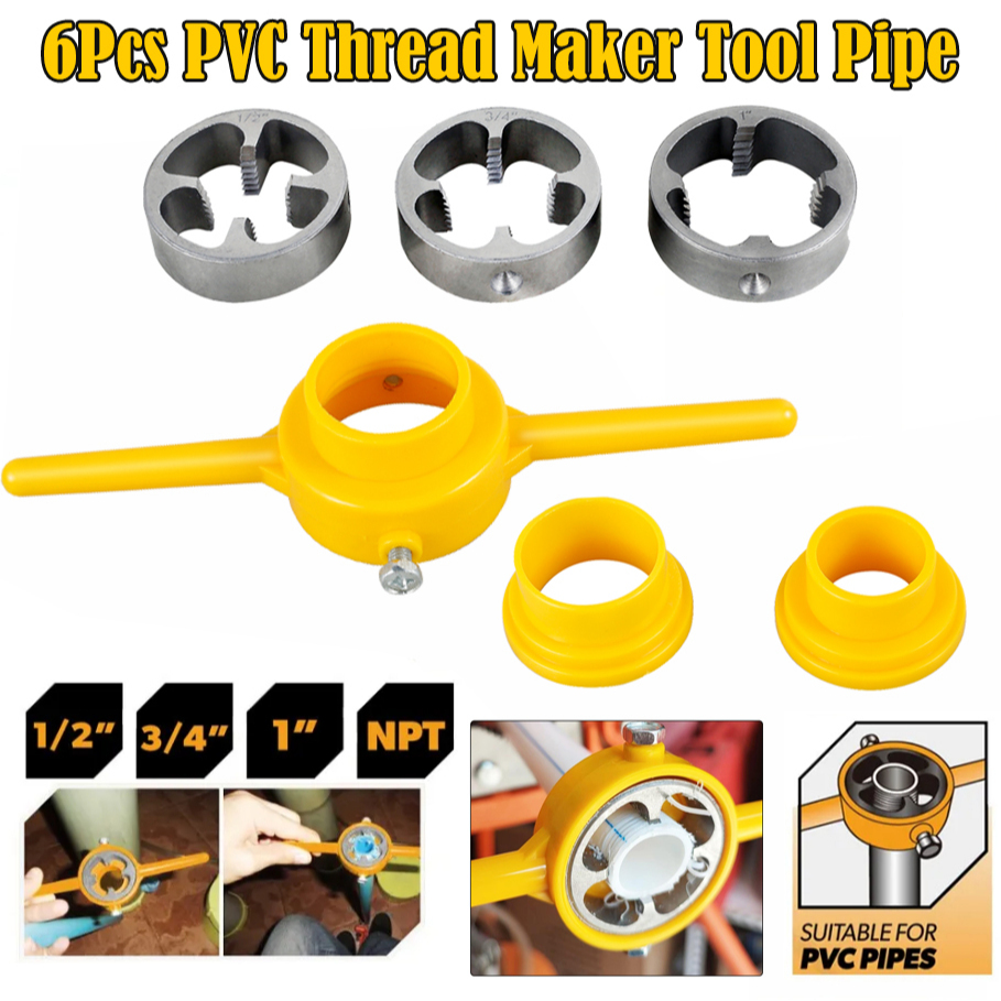 ชุดเครื่องมือทําเกลียวท่อ PVC 6 ชิ้น พร้อมท่อเกลียว แมนนวล 1/2 นิ้ว 3/4 นิ้ว 1 นิ้ว สําหรับท่อ PVC