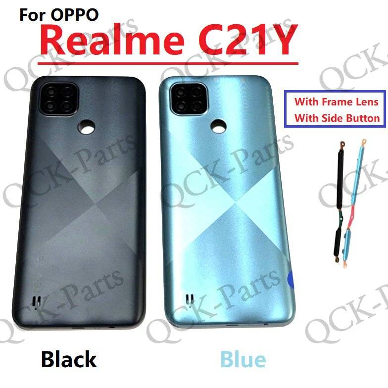 ฝาหลังแบตเตอรี่สําหรับ OPPO Realme C21Y ฝาครอบแบตเตอรี่ด้านหลังประตูพร้อมเลนส์กล้องหลักด้านข้างปุ่มเปิดปิด