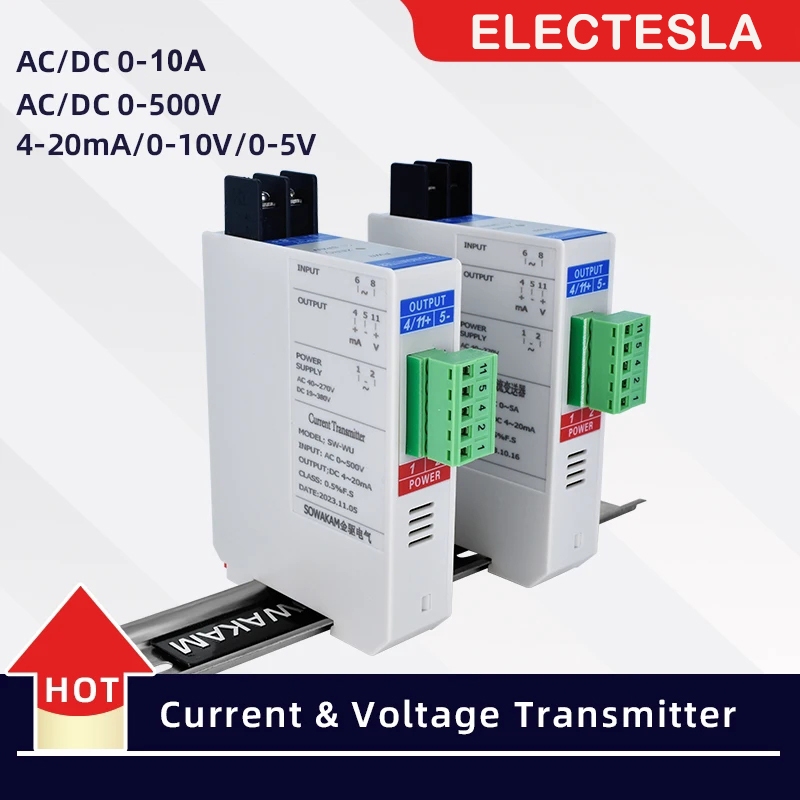 AC DC Current Transmitter Sensor แรงดันไฟฟ้า Transducer AC 1A 5A 10A 10V 500V 4-20mA DC24V 220V