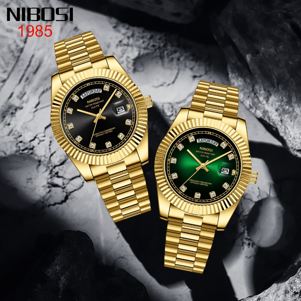 Nibosi ของแท้ นาฬิกาข้อมือ ประดับพลอยเทียม ปฏิทิน สัปดาห์ สําหรับผู้ชาย