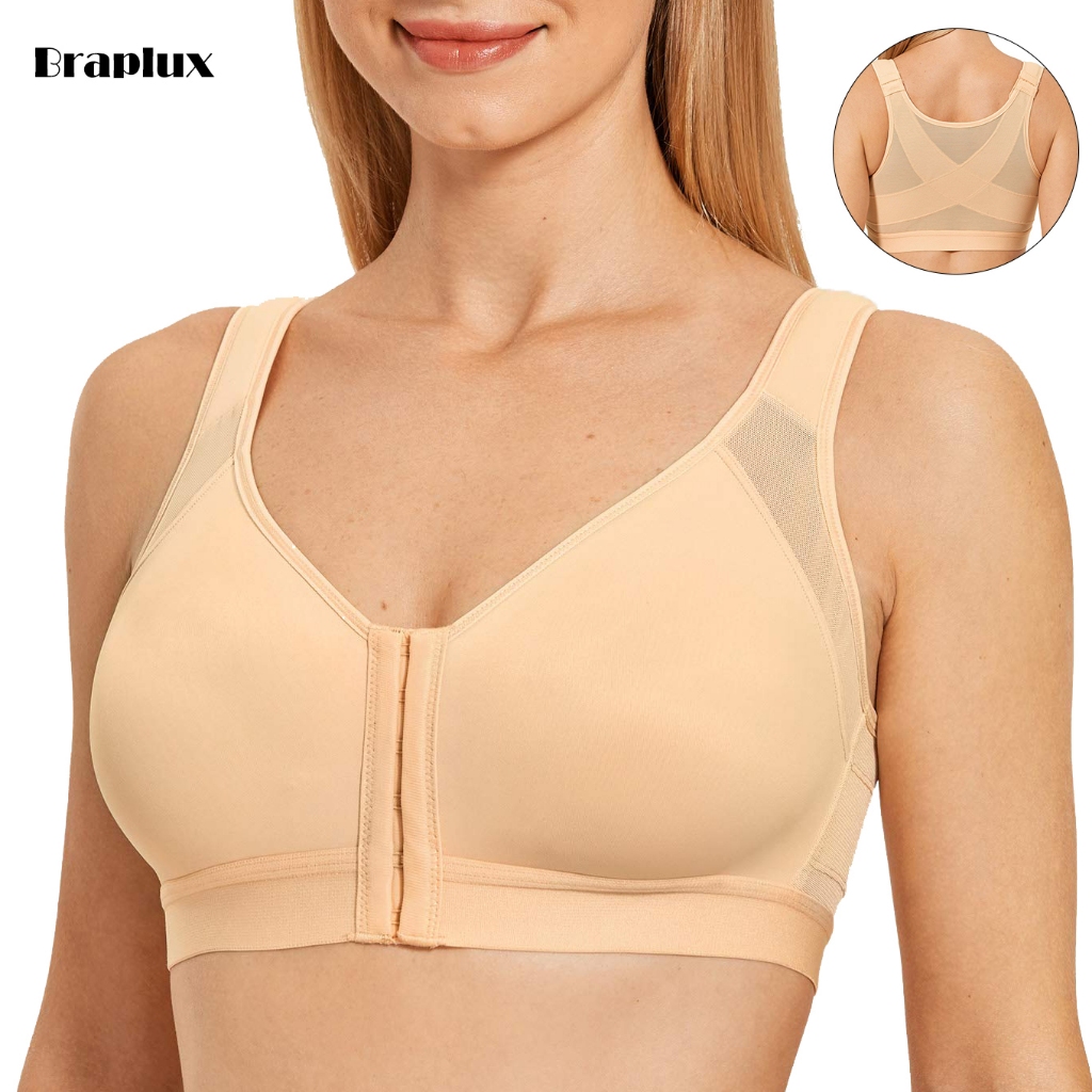 Braplux 5XL การผ่าตัด กีฬา ชุดชั้นใน บรา บราไร้โครง เสื้อใน ไซส์ใหญ่ ไม่ใช้สายท่าทางแก้ไขด้านหน้าปิด Push Up Bra ขนาดบาร์สนับสนุนหลังการใช้งานหลังผ่าตัดผ่าตัดคงที่หน้าอก Shapewear bra สปอร์ตบรา กระดุมด้านหน้า ไซส์ ใหญ่ ชุดผ่าตัด