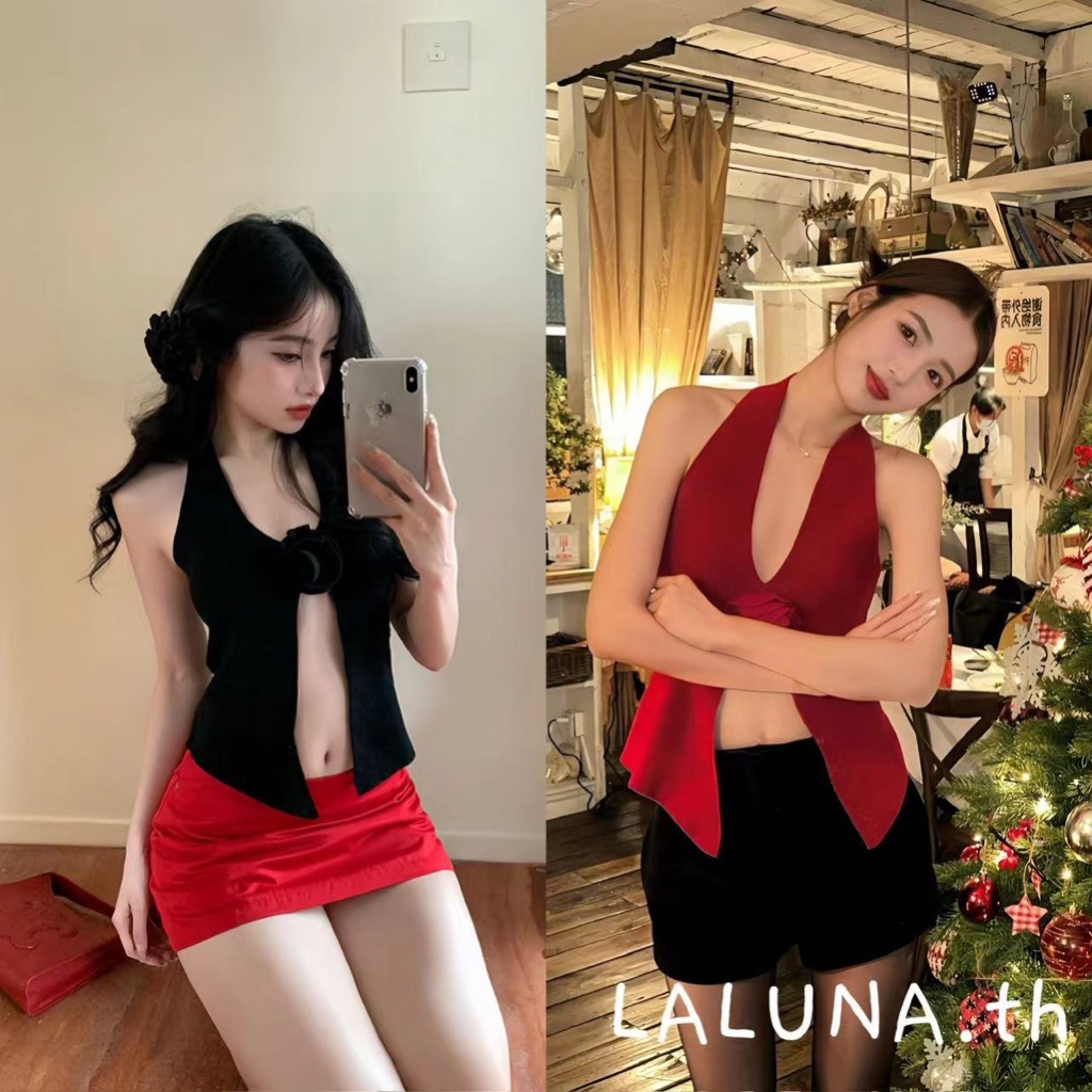LLN ไทยส่ง เสื้อกั๊กเชือกคล้องคอกุหลาบสามมิติสีแดงเสื้อถักสุดเซ็กซี่พร้อมกรีดที่ผิดปกติ