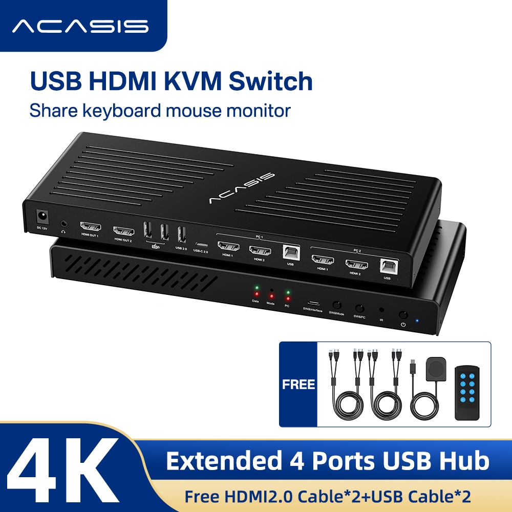 Acasis สวิตช์ USB HDMI KVM เข้า 2 ออก 4 4K@60Hz สวิตช์ KVM 1 มอนิเตอร์ EDID Eemulator HDMI Switcher USB 2.0 L R Audio Hotkey Switch พร้อมรีโมตคอนโทรล และสายเคเบิลทั้งหมด 4 ชิ้น