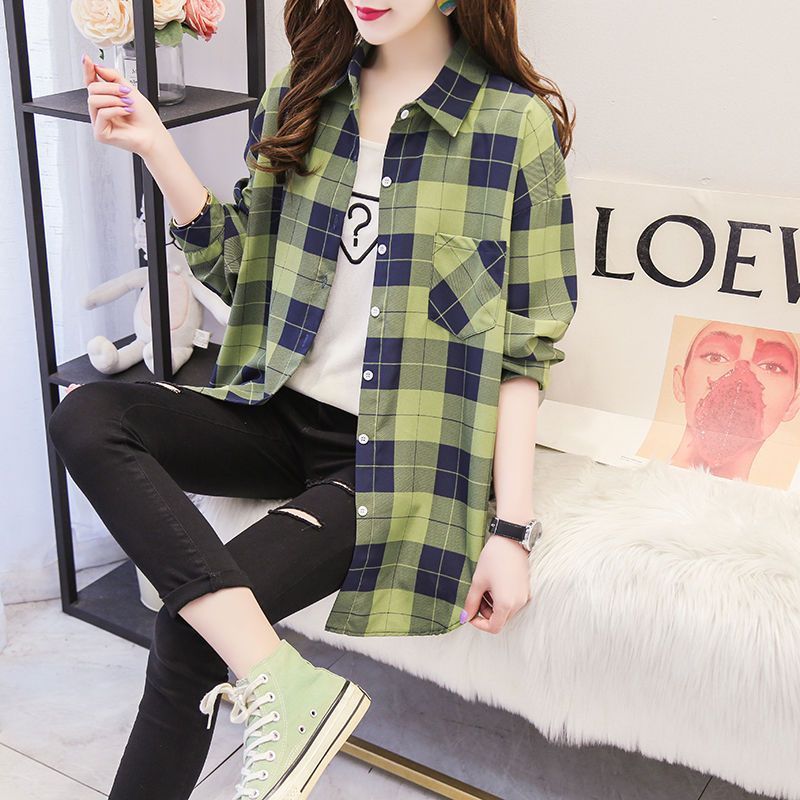เสื้อเชิ้ตแขนยาว ลายสก๊อต สีเหลือง สีแดง สําหรับผู้หญิง