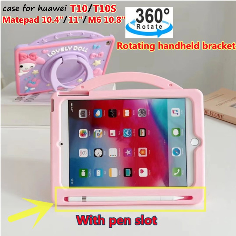 Case For Huawei Matepad T10 T10S Matepad 10.4 11 M6 10.8  with Pencil Holder 360 degree rotatable stand Kids Cute cartoon soft shell