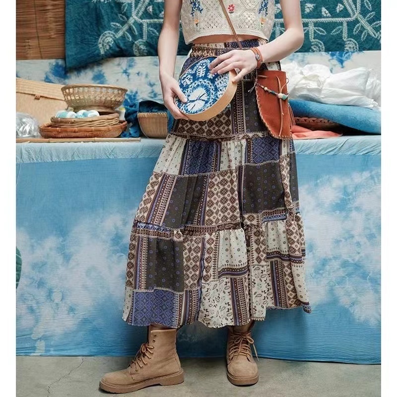 ชุดเดรสกระโปรงยาว เอวสูง จับจีบ พิมพ์ลาย สไตล์เกาหลี สําหรับสตรี สินค้าพร้อมส่ง