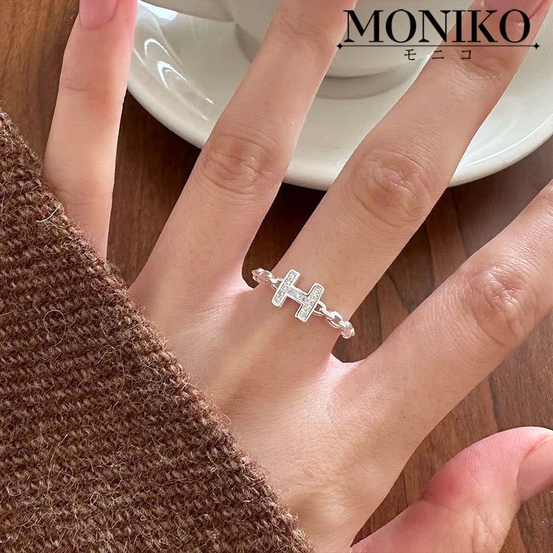MONIKO แหวนเปิด ลายตัวอักษร สามารถปรับขนาดได้ สําหรับผู้หญิง