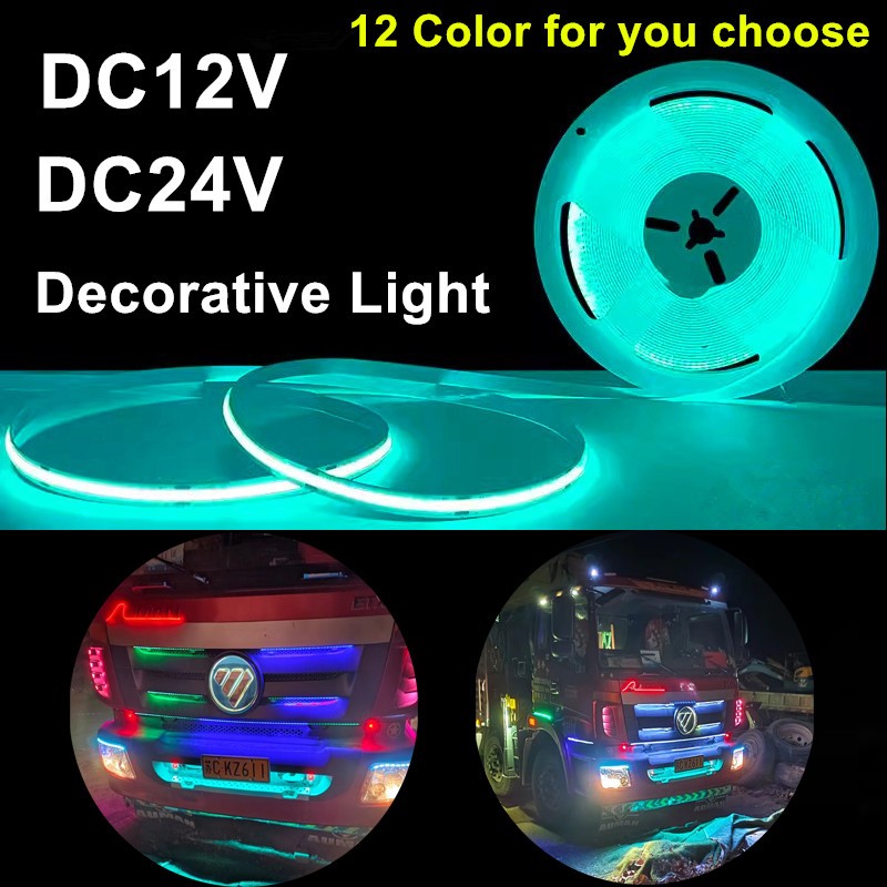 Dc12v 24V COB LED แถบไฟความหนาแน่นสูงยืดหยุ่น LED เทปน้ําแข็งสีฟ้าสีแดงสีชมพูมาร์สสีเขียวสีม่วงสีส้มวอร์มไวท์สีเหลืองตกแต่งรถบรรทุกไฟเตือนรถ