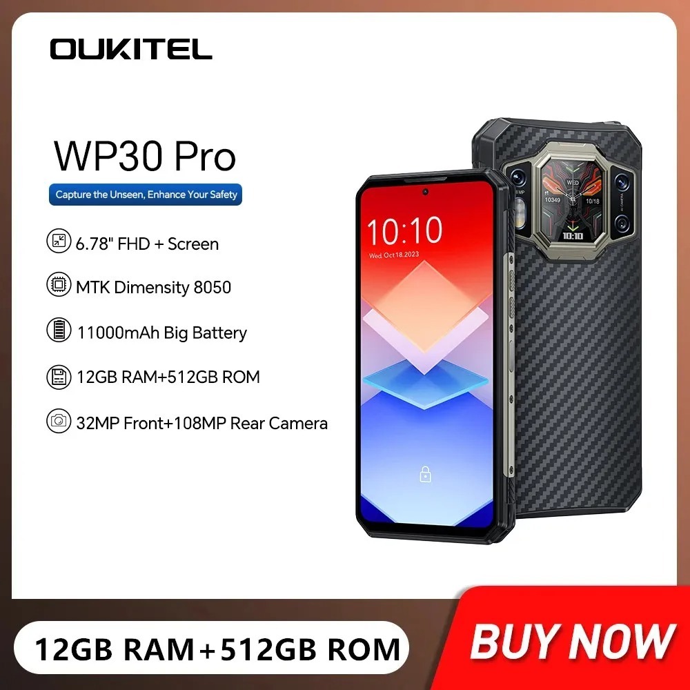 Oukitel สมาร์ทโฟน WP30 Pro 5G Octa Core 12GB+512GB 6.78 นิ้ว FHD Android 13 108MP 11000mAh 120W ชาร์จเร็ว