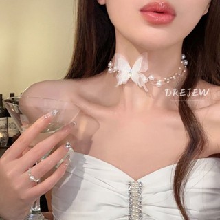 DREJEW สร้อยคอโชคเกอร์ สายโซ่ จี้ผีเสื้อ ประดับมุก โบว์ ไฮเอ…