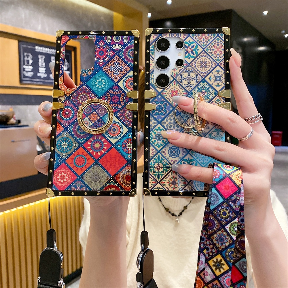 Samsung Galaxy S24 S23 S22 S21 Ultra S24+ S23+ S22+ Plus S21Plus S23FE S21FE S24 FEหมายเหตุ20 Ultra 10PlusปลอกหรูหราRetro Squareกรณีผู้ถือแหวนเชือกเส้นเล็กฝาครอบโทรศัพท์
