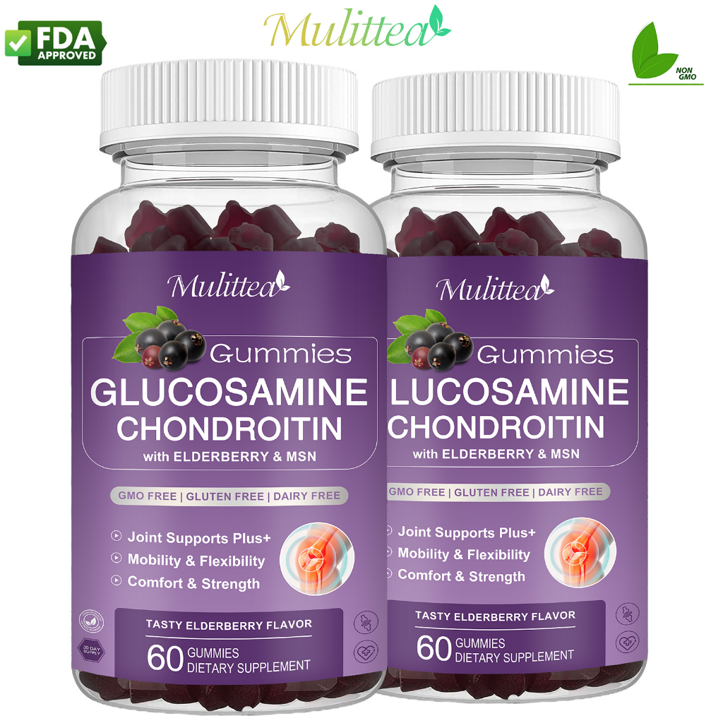 Mulittea Glucosamine Chondroitin & Elderberry & MSM Gummies กลูโคซามีน & คอนโดรอิติน & ต้นเอลเดอร์เบอร์รี่ & MSM ข้อต่อ สนับสนุน อาหารเสริมบำรุงกระดูกอ่อนและภูมิคุ้มกันที่ดีที่สุด