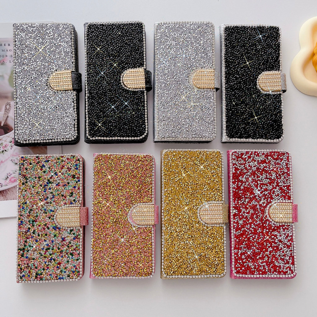 เคสโทรศัพท์หนัง ฝาพับ ประดับเพชร พร้อมช่องใส่บัตร ตั้งได้ สําหรับ Samsung Galaxy A55 A35 A15 A05s A34 A54 A23 A12 A33 A53 A73
