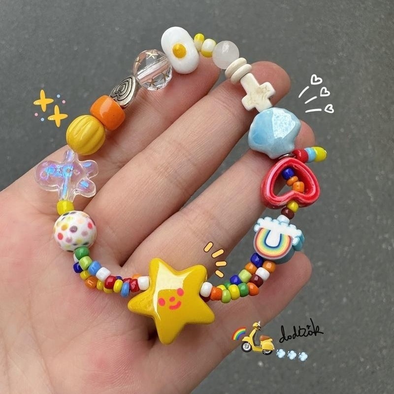 สร้อยข้อมือ ประดับลูกปัดเซรามิค รูปดาวยิ้ม สีรุ้ง สีสันสดใส สําหรับผู้หญิง