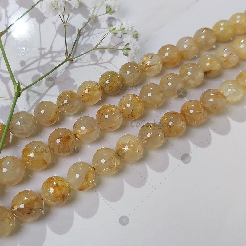 ลูกปัดหินคริสตัลธรรมชาติ ทรงกลม หลวม สีทอง สําหรับทําเครื่องประดับ DIY