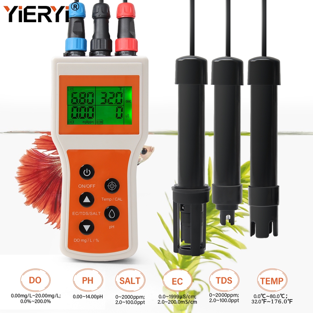 Yieryi เครื่องวัดค่า pH ออกซิเจนในน้ํา ดิจิทัล ละลายได้ 6 in 1 DO pH TDS EC SALT TEMP สําหรับตู้ปลา บ่อน้ํา ตู้ปลา