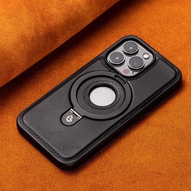 【Leather hard case/Bracket/Black】เคส compatible for iPhone 12 13 14 15 pro max case