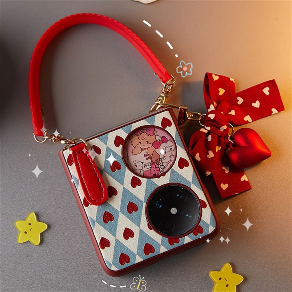 เคสโทรศัพท์มือถือ กันกระแทก ปิดด้านหลัง แต่งจี้รูปหัวใจ โบว์ 3D พร้อมสายคล้องข้อมือ สไตล์เกาหลี สําหรับ Huawei P50 Pocket 2 P50 Pocket2