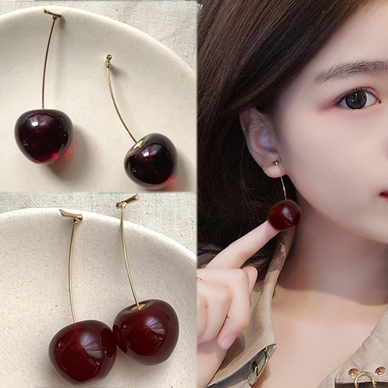ต่างหูสตั๊ด รูปเชอร์รี่ สีแดง ขนาดใหญ่ หรูหรา แฟชั่นสไตล์เกาหลี