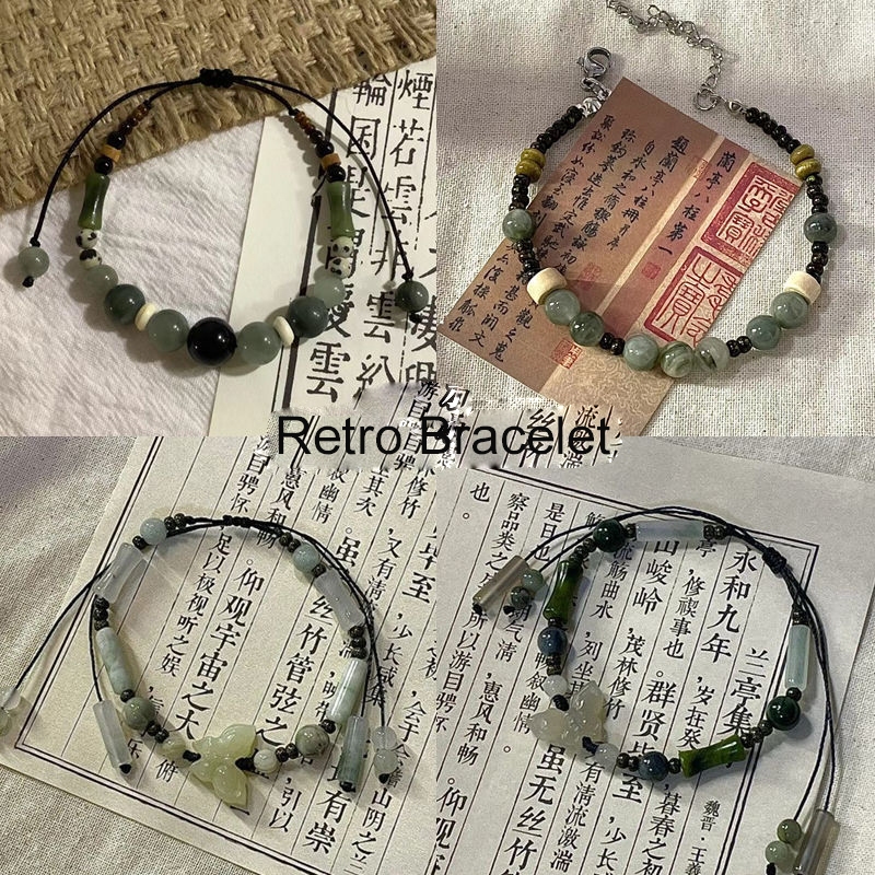 ใหม่ สร้อยข้อมือ เชือกถัก ลูกปัดไม้ไผ่ ผีเสื้อ สไตล์จีนวินเทจ สีดํา