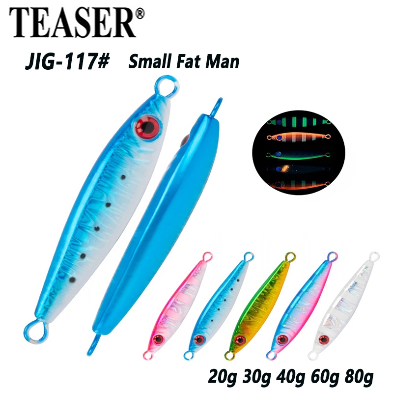 TEASER 【 J117 】Small Fat Man 20g 30g 40g 60g 80g Sinking โลหะ Jigging Lure 3D ตาเลเซอร ์ Luminous Fishing Lure น ้ ําเค ็ มปลาทูน ่ าปลาทูตกปลา Jigs เหยื ่ อตะขอคู ่