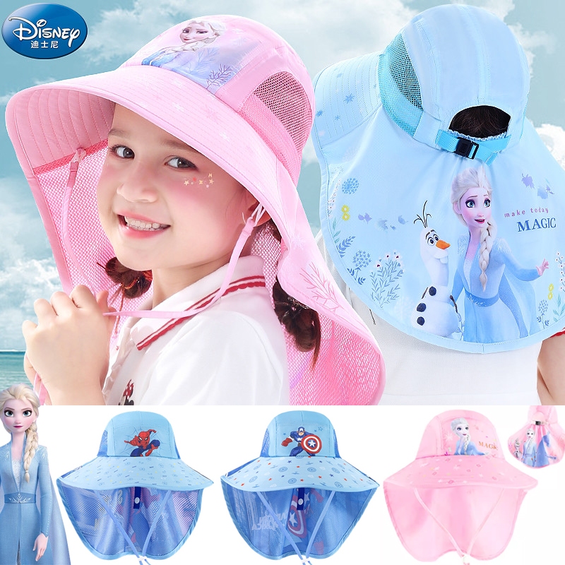 Disney หมวกปีกกว้าง ป้องกันแดด ลายการ์ตูนดิสนีย์เอลซ่า แฟชั่นฤดูร้อน สําหรับเด็กผู้หญิง