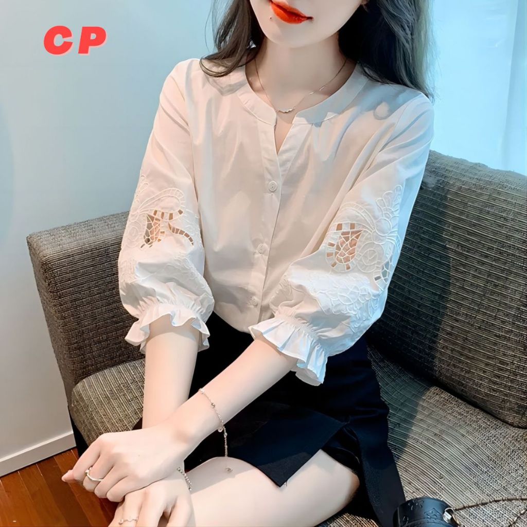 เสื้อเชิ้ตแขนพัฟ แขนสามส่วน ปักลาย ทรงหลวม ฉลุลาย แฟชั่นฤดูร้อน สําหรับผู้หญิง