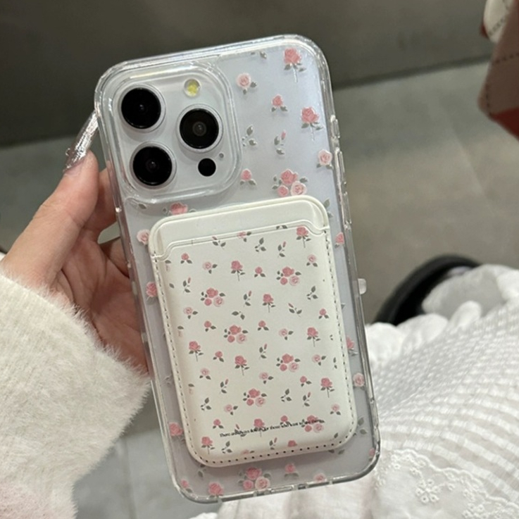 เคสโทรศัพท์มือถือ แบบนิ่ม ลายดอกไม้ มีช่องใส่บัตร สีชมพู สําหรับ iPhone15pro 15promax 14 14promax 14pro