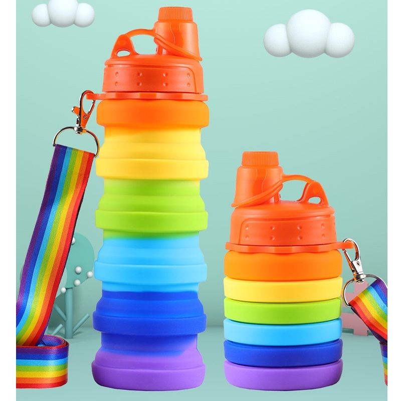 ขวดน้ําซิลิโคน แบบพกพา พับได้ ขนาด 500 มล. สีรุ้ง สไตล์สปอร์ต สําหรับเด็ก