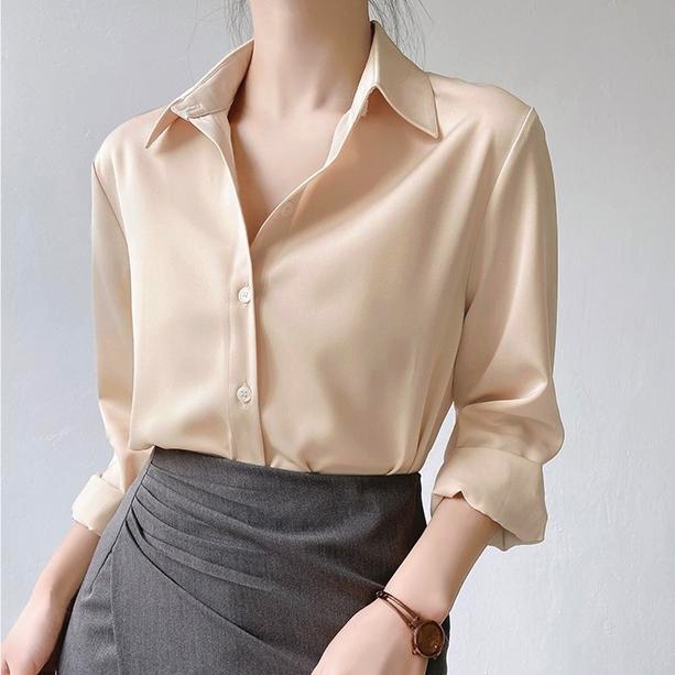 พร้อมส่ง เสื้อเชิ้ตแขนยาว ผ้าซาติน คอปก ทรงหลวม หรูหรา สําหรับผู้หญิง พลัสไซซ์ XXL
