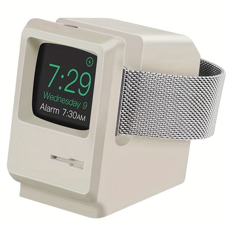 แท่นชาร์จซิลิโคนสำหรับ Apple Watch 9 8 7 6 5 4 iWatch 3 2 1 ลายคอมพิวเตอร์เรโทร ที่วางบนโต๊ะข้างเตียง