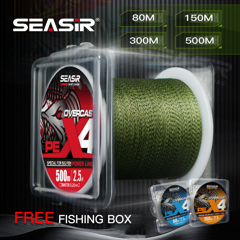 Seasir OVERCAST สายเอ็นตกปลา PE แบบถัก 4 จุด 80-500 ม. 12-50LB คุณภาพสูง ฟรีกล่อง