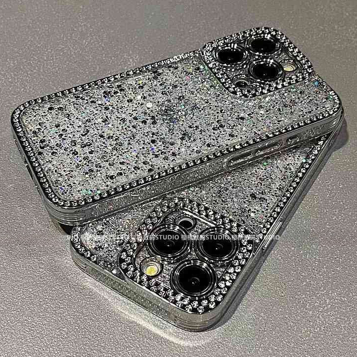 เคสโทรศัพท์มือถือ TPU นิ่ม ชุบเงิน ประดับเพชร พลอยเทียม แวววาว สําหรับ iPhone 11 12 13 14 15 Pro Max 11prm 12prm 13prm 14prm 15prm