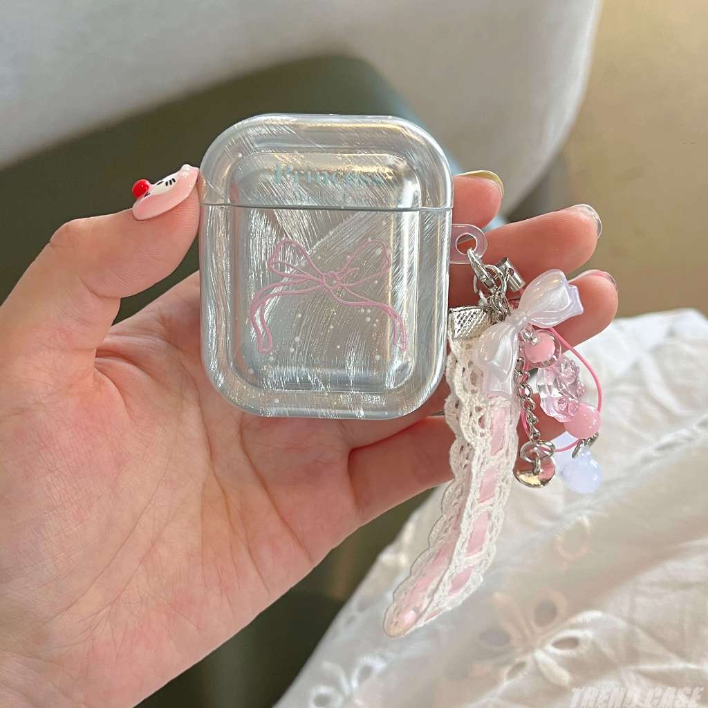 เคสหูฟัง แบบนิ่ม ประดับโบว์ สีชมพู พร้อมพวงกุญแจ สไตล์เกาหลี สําหรับ Airpods Pro 2nd Generation 3 Pro 2 2022