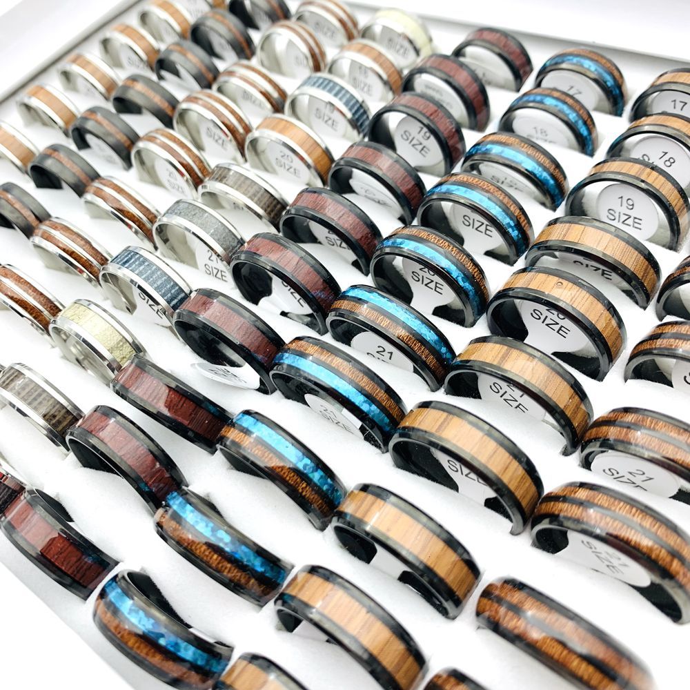 20ชิ้นแหวนสแตนเลสสําหรับผู้ชาย8มิลลิเมตรรูปแบบไม้ตกแต่งเครื่องประดับอินเทรนด์สีเงินสีดําสี