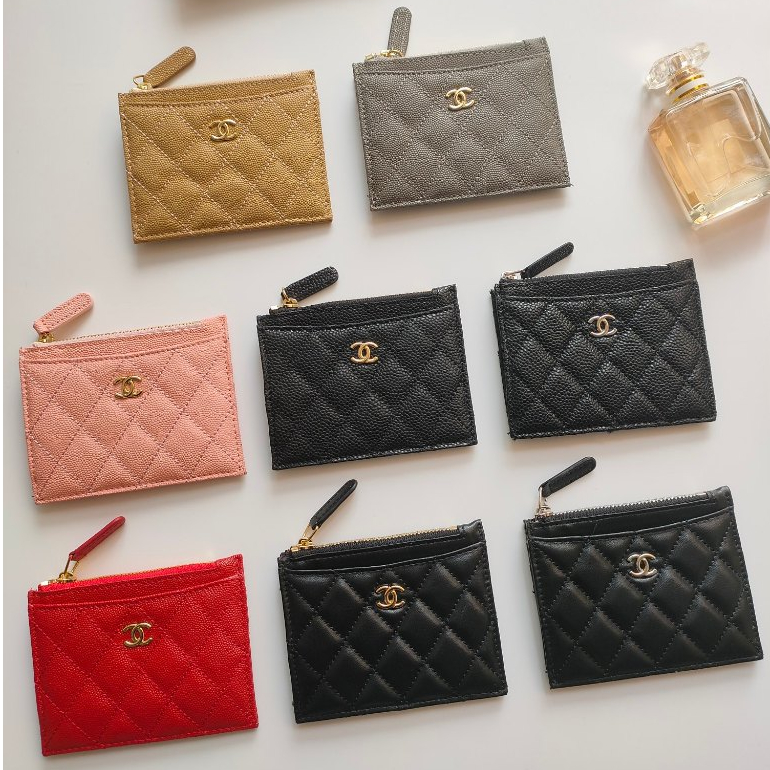 (ส่งฟรี + กล่อง + ของแท้) Chanel กระเป๋าใส่บัตร มีซิป, กระเป๋าสตางค์หนังแท้ แบบศูนย์ สําหรับผู้หญิง
