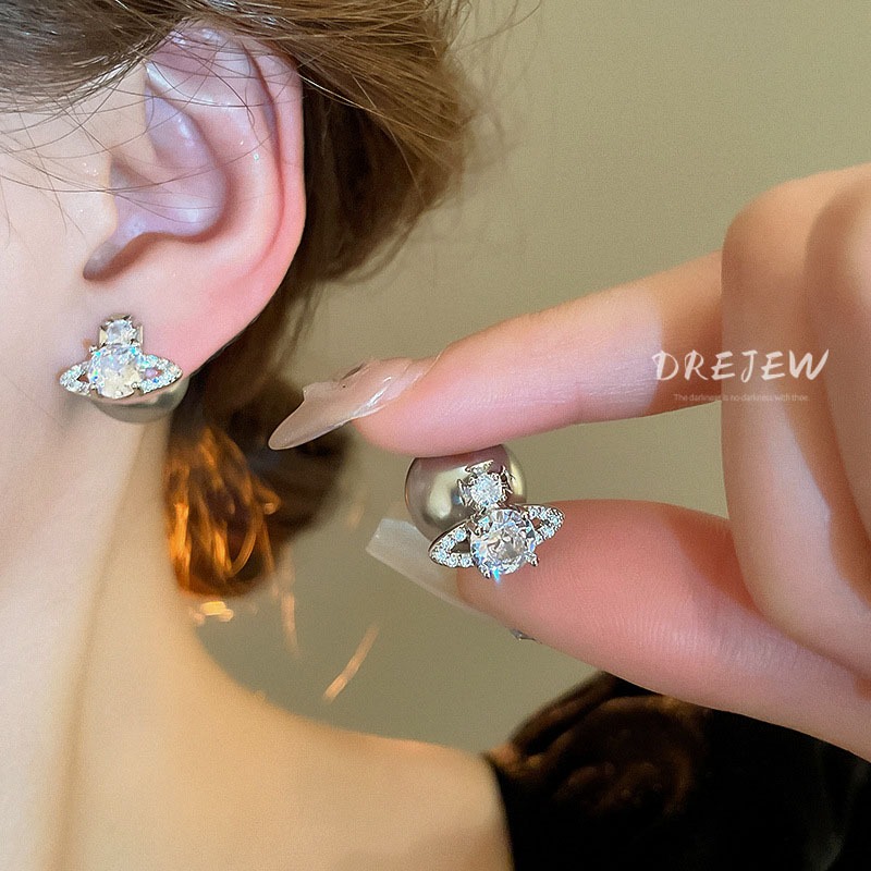 DREJEW ต่างหูเข็มเงิน 925 ประดับเพทาย มุก ทรงกลม สองด้าน หรูหรา เรียบง่าย เรโทร สําหรับผู้หญิง