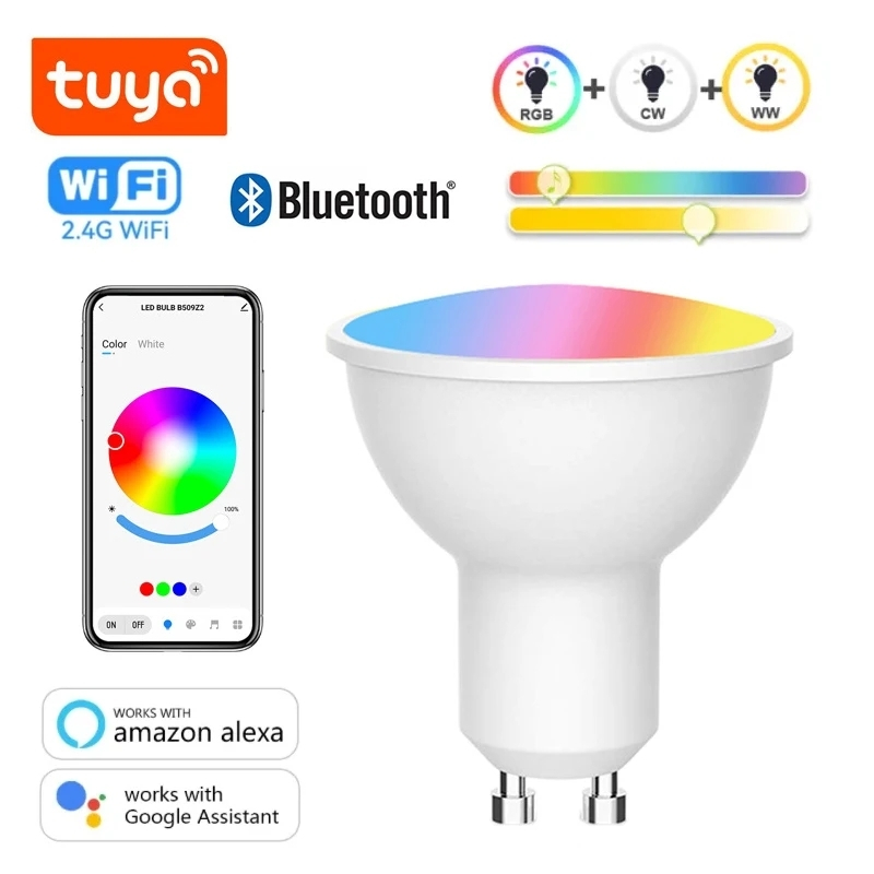 Tuya Smart ชีวิตอัจฉริยะ GU10 WiFi บลูทูธหลอดไฟอัจฉริยะ 5W RGB + CW หลอดไฟ LED 220 V โคมไฟหรี่แสงอเล็กซ่า Google