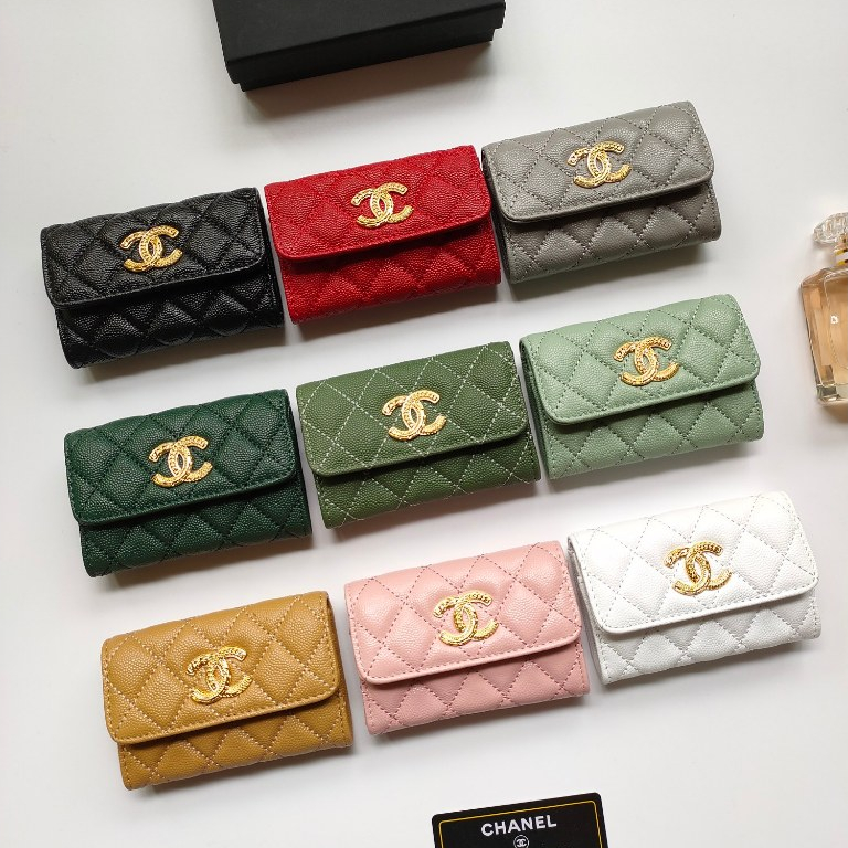 (ส่งฟรี + กล่อง + ของแท้) ใหม่ Chanel เคาน์เตอร์ โลหะสีทอง ผู้หญิง กระเป๋าใส่บัตร, กระเป๋าสตางค์หนังคาเวียร์ Zero
