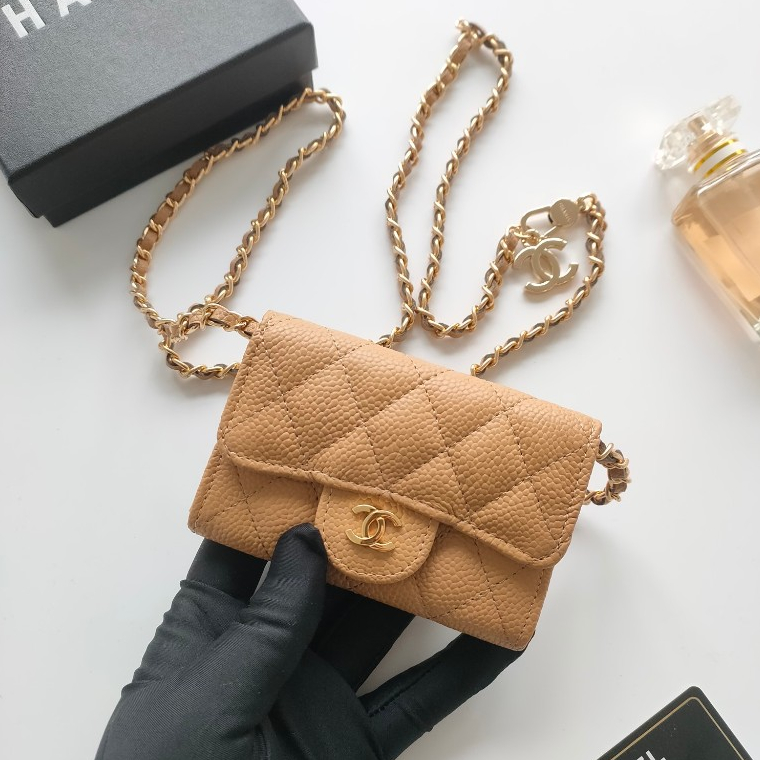 (ส่งฟรี+กล่อง+ของแท้) ใหม่ Chanel counter ใหม่ กระเป๋าสตางค์ หนังคาเวียร์ แอปริคอท โลหะ สีทอง ขนาดเล็ก แบบพกพา สําหรับผู้หญิง