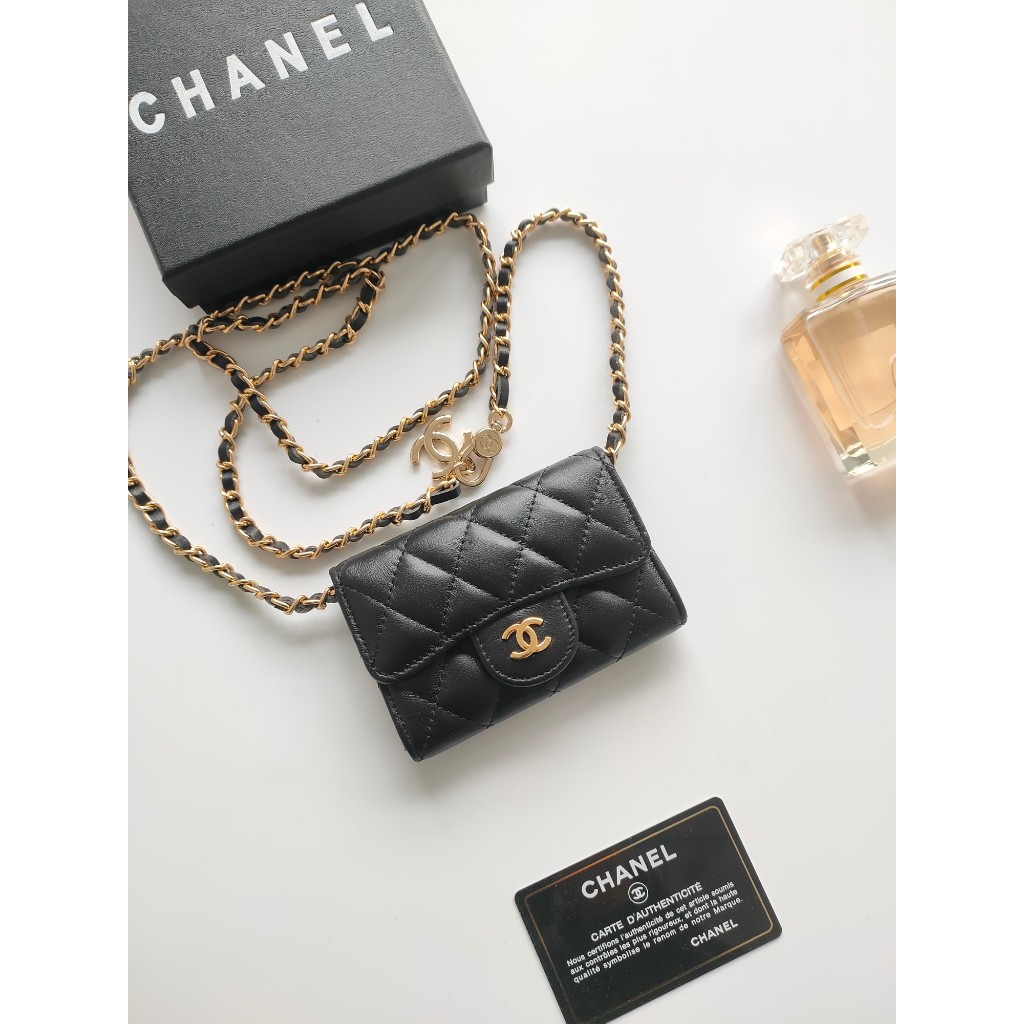 (ส่งฟรี+กล่อง+ของแท้) ใหม่ Chanel counter ใหม่ กระเป๋าสตางค์ หนังแกะ สีดํา โลหะ สีทอง ขนาดเล็ก แบบพกพา สําหรับผู้หญิง