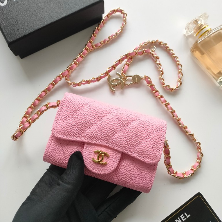 (ส่งฟรี+กล่อง+ของแท้) ใหม่ Chanel counter ใหม่ โลหะสีทอง ใหม่ zero กระเป๋าสตางค์ คาเวียร์ สีชมพู กระเป๋าหนังผู้หญิง กระเป๋าสะพายข้าง ขนาดเล็ก และพกพาได้