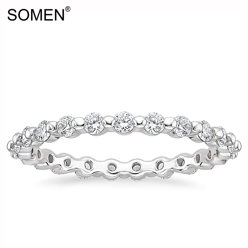 Somen 2 มม. 925 เงินสเตอร์ลิงงานแต่งงาน Cubic Zirconia Full Eternity Stackable แหวนหมั้นขนาด 3-11