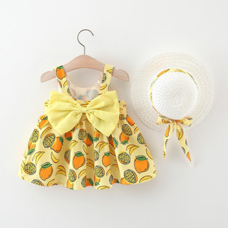 Baby Girl Summer Dress Mango Fruits Printed Bow Tank Dress Tropical Hawaiian Beach Style Dress Send Hat