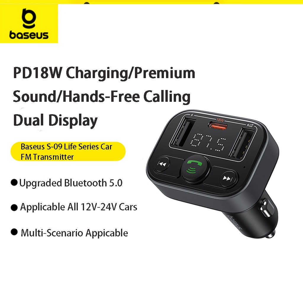 Baseus S-09 ที่ชาร์จในรถยนต์ พร้อมเครื่องส่งสัญญาณ FM บลูทูธ 5.0 แฮนด์ฟรี จอแสดงผลดิจิทัล โมดูลเลเตอร์ FM
