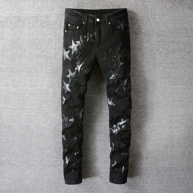 High Street Fashion Man Jeans กางเกงยีนส์สีดำสลิมฟิตหนังห้าดาวพิมพ์ฝีมือการออกแบบกางเกงยีนส์แฟชั่นคุณภาพสูง