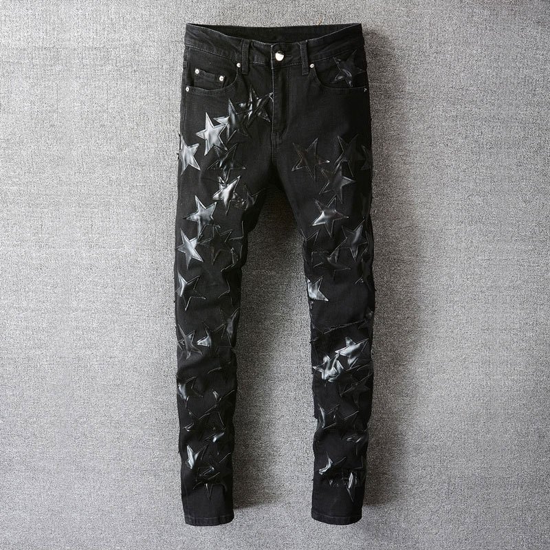 Amiri High Street Fashion Man Jeans กางเกงยีนส์สีดำสลิมฟิตหนังห้าดาวพิมพ์ฝีมือการออกแบบกางเกงยีนส์แฟ